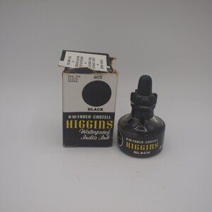 Vintage Higgins India Black Ink Glass Bottle No. 4415 Waterproof In Box